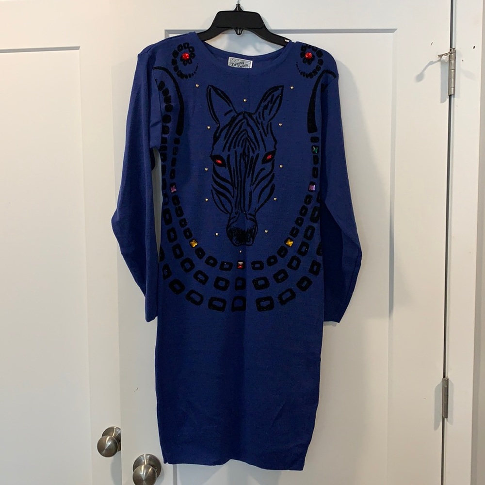 Blue Holiday Dressy Tessa Zebra Horse Jeweled Sweater Dress Women’s Small